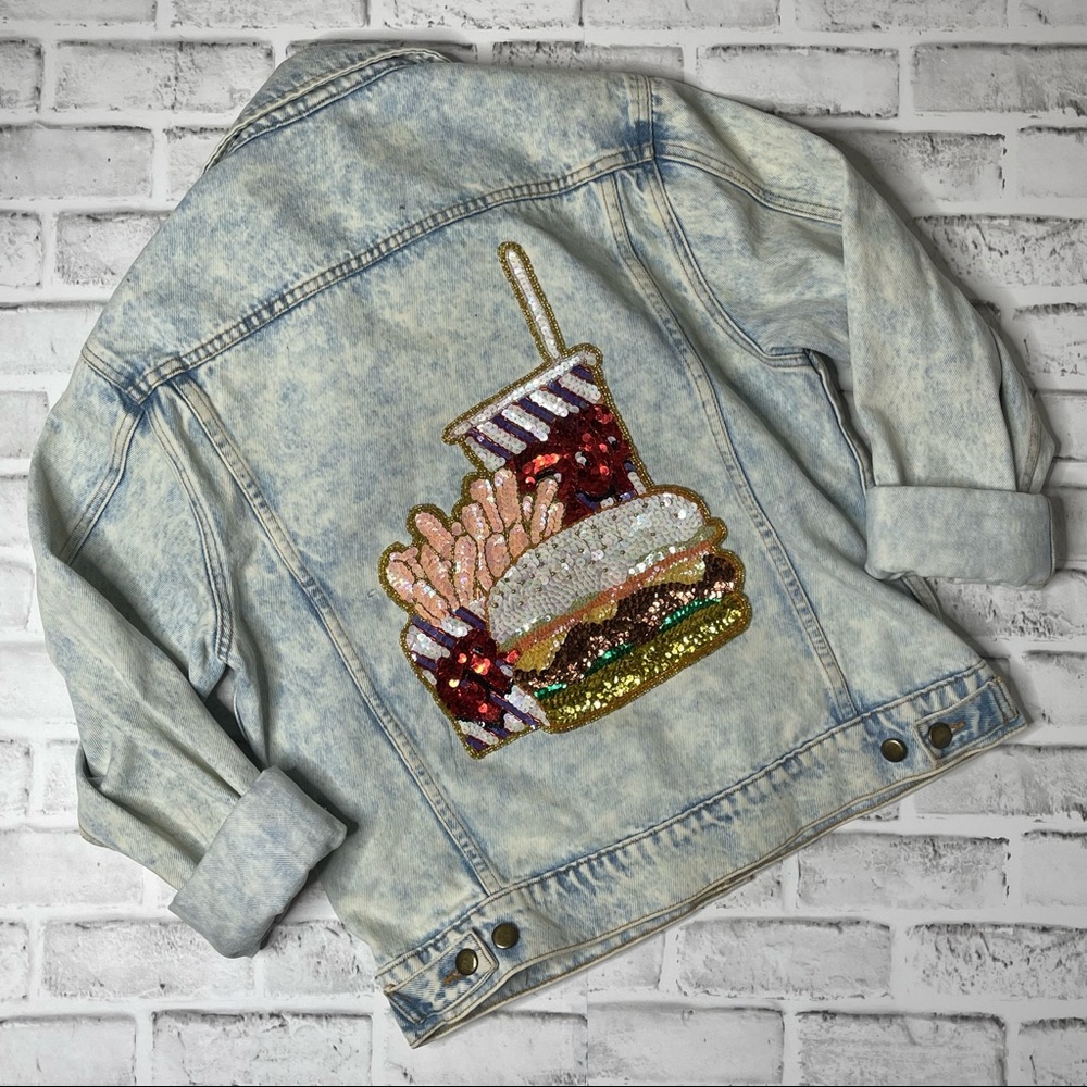 Bow & Drape sequin appliqué denim jean jacket fast food sequin burger fries